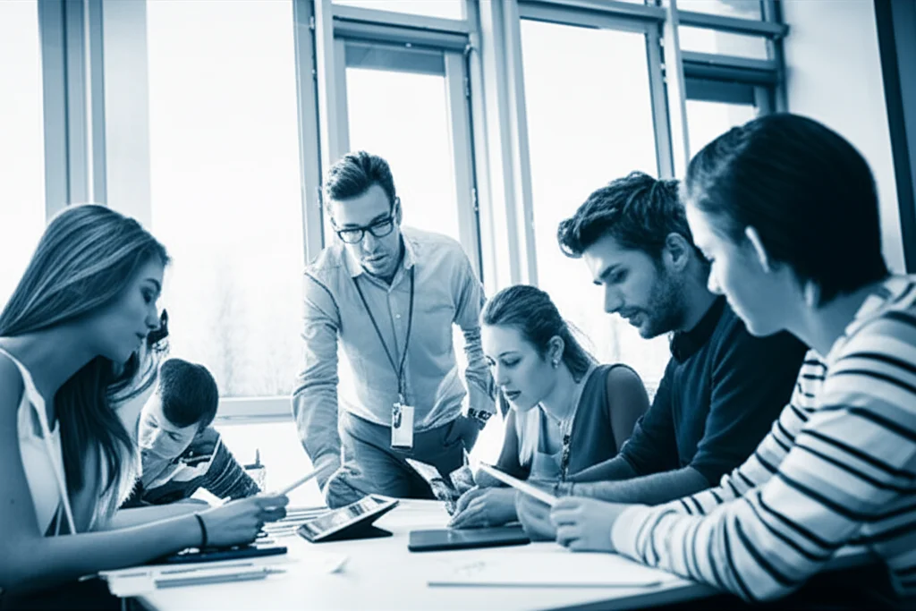 Studenti di infermieristica in un'aula moderna e luminosa, divisi in piccoli gruppi, collaborano attivamente attorno a un tavolo utilizzando tablet e appunti. Un docente sorridente osserva e interagisce con un gruppo, fornendo guida. Luce naturale, atmosfera concentrata ma serena. Prime lens, 35mm, Depth of field, duotone blu e grigio.