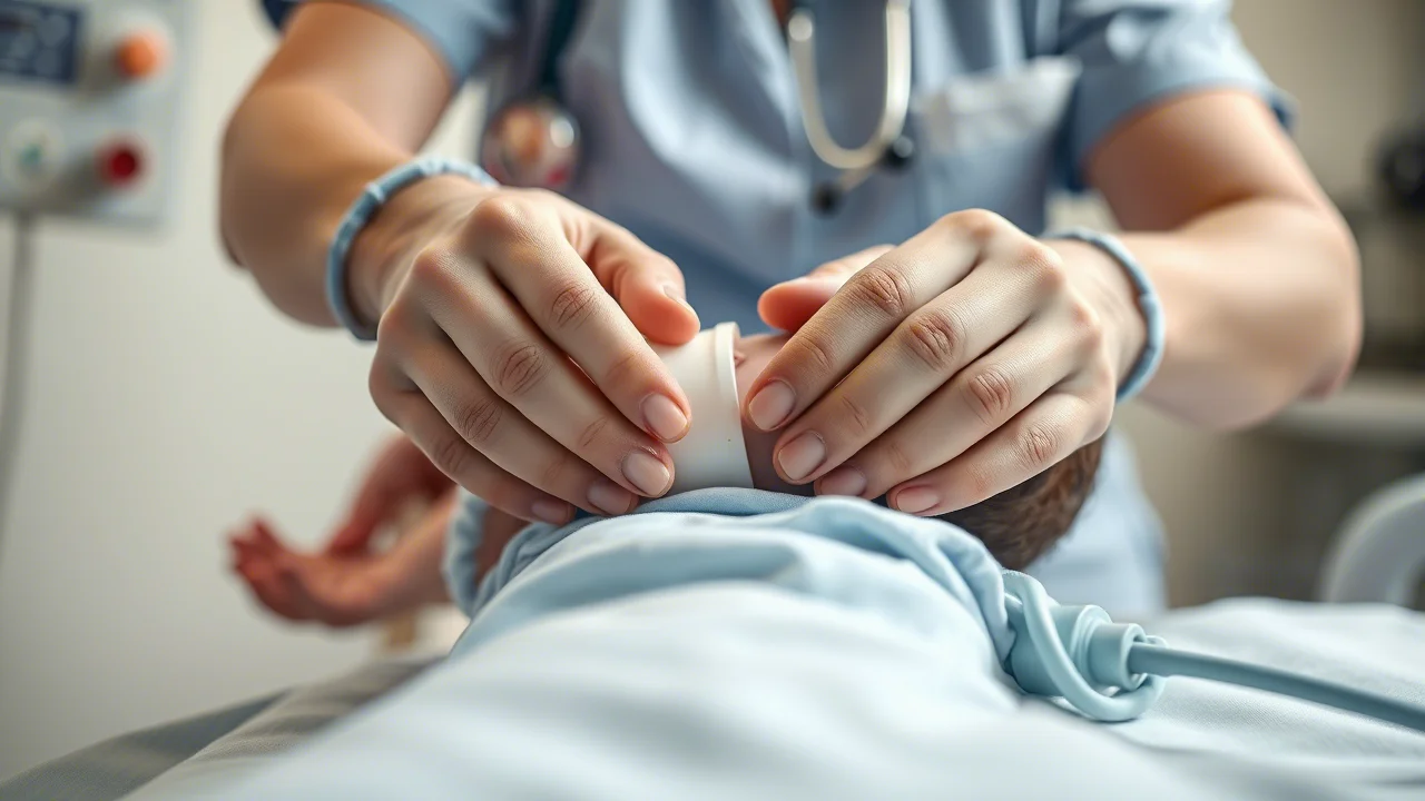 Primo piano sulle mani di uno studente di infermieristica che esegue con concentrazione una procedura di rianimazione neonatale su un manichino pediatrico ad alta fedeltà in un laboratorio di simulazione. Dettagli precisi delle mani e del manichino, illuminazione controllata da laboratorio. Macro lens, 85mm, High detail, precise focusing, luce soffusa.