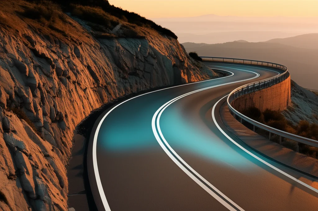 Un'immagine di una strada tortuosa in montagna al tramonto, con le linee della corsia evidenziate digitalmente da un sistema di rilevamento avanzato. La luce calda del sole crea lunghe ombre. Obiettivo grandangolare, 10-24mm, per catturare l'ampio paesaggio e la curvatura della strada, lunga esposizione per ammorbidire le nuvole e creare un'atmosfera sognante.