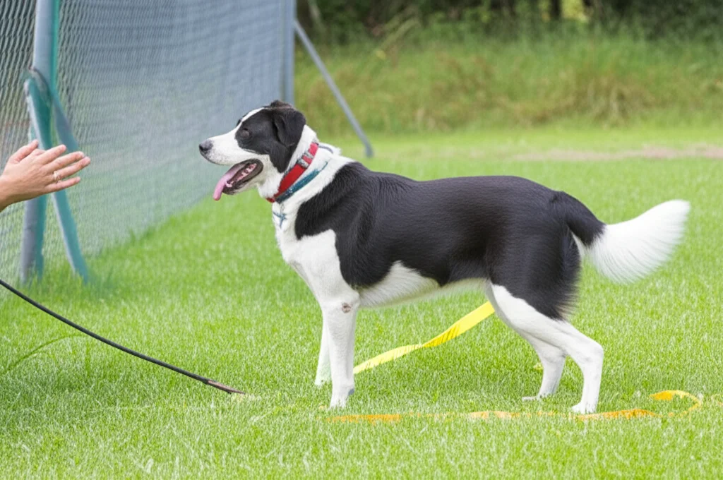 Un cane di razza mista, concentrato, osserva il suo proprietario mentre quest'ultimo dimostra come aggirare una recinzione a V in un'area verde recintata. Il proprietario usa gesti e richiami vocali per attirare l'attenzione del cane sul percorso corretto. Obiettivo prime, 35mm, profondità di campo per mettere a fuoco sia il cane che il proprietario, luce naturale pomeridiana.