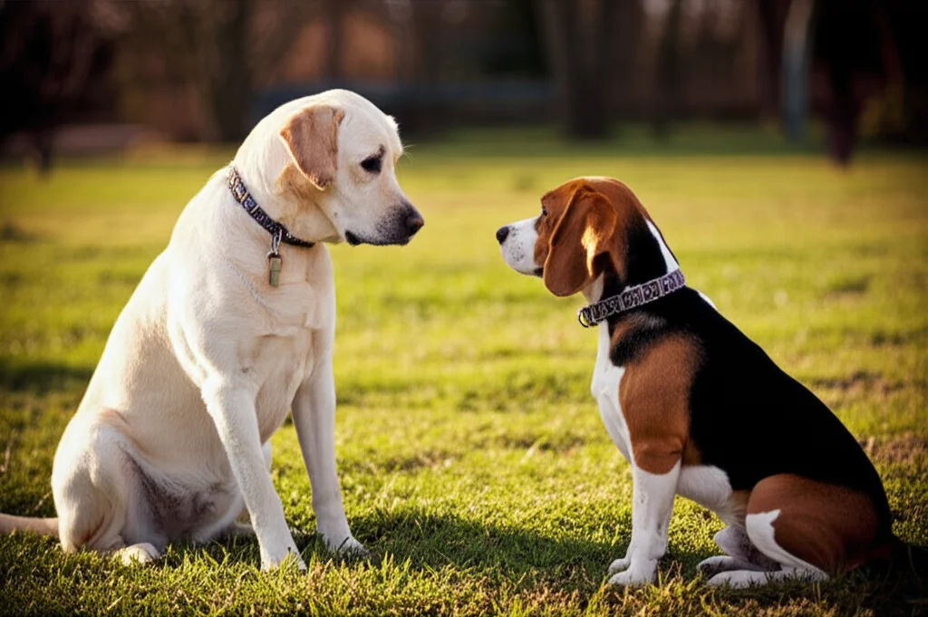 Due cani conviventi, un Labrador retriever (aspetto dominante) e un Beagle (aspetto sottomesso), interagiscono in un parco. Il Labrador osserva con interesse il suo proprietario fuori campo, mentre il Beagle guarda il Labrador. Obiettivo zoom, 50mm, per catturare l'espressione e la postura dei cani, luce diffusa per dettagli morbidi.