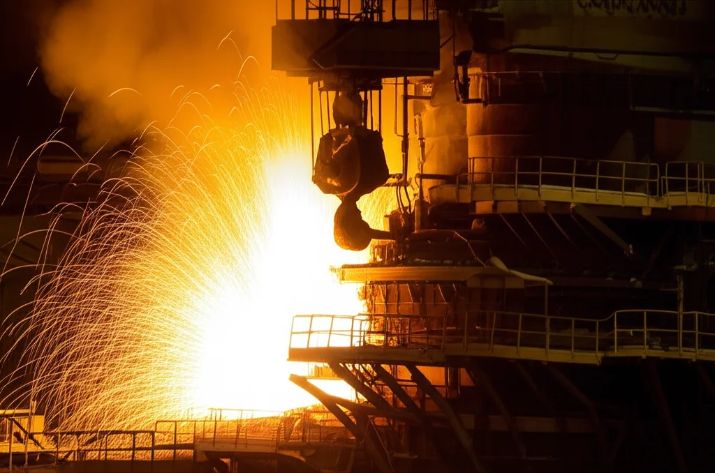 Fotografia industriale, un convertitore BOF in piena attività, getto di ossigeno incandescente che colpisce il metallo fuso generando scintille e fumo denso, teleobiettivo zoom 100-400mm, alta velocità dell'otturatore per catturare il movimento dinamico del metallo e delle scintille, illuminazione drammatica dalla reazione stessa.