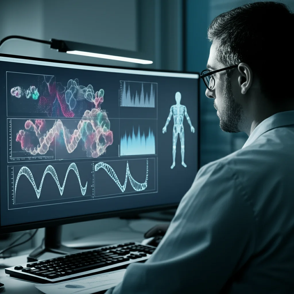Ricercatore in un laboratorio di genomica clinica che analizza dati di sequenziamento su un grande schermo, con grafici complessi di fusioni geniche e cromosomi stilizzati in background. Prime lens, 35mm, depth of field, duotone blu e grigio per un'atmosfera high-tech.