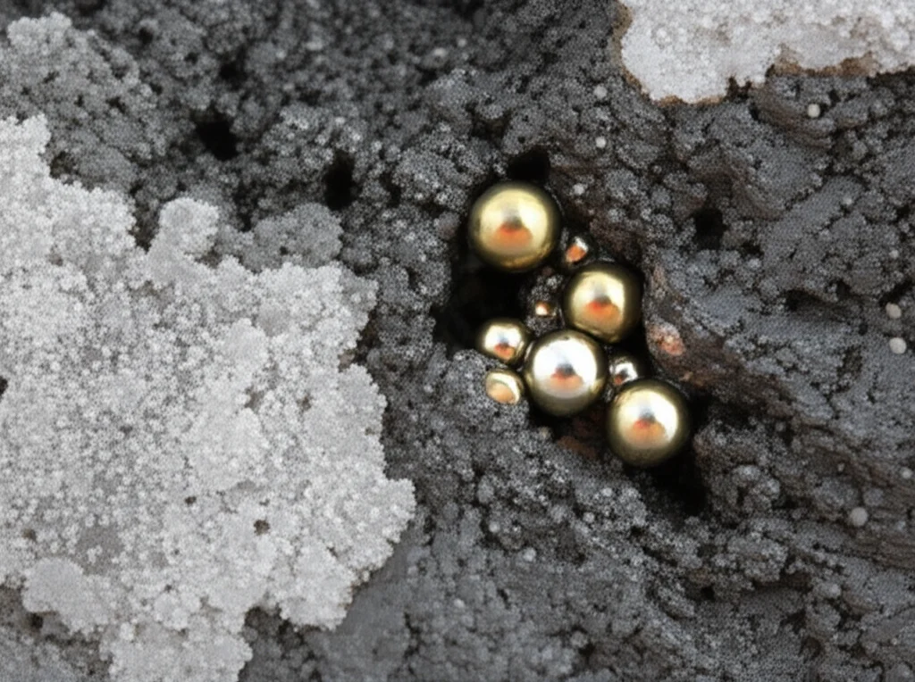 Scatto macro di goccioline di metallo fuso sospese in una scoria viscosa e parzialmente solidificata, obiettivo macro 100mm, alta definizione per mostrare la texture della scoria e la lucentezza delle goccioline, illuminazione controllata per evidenziare le diverse fasi, possibile presenza di piccole bolle di gas.