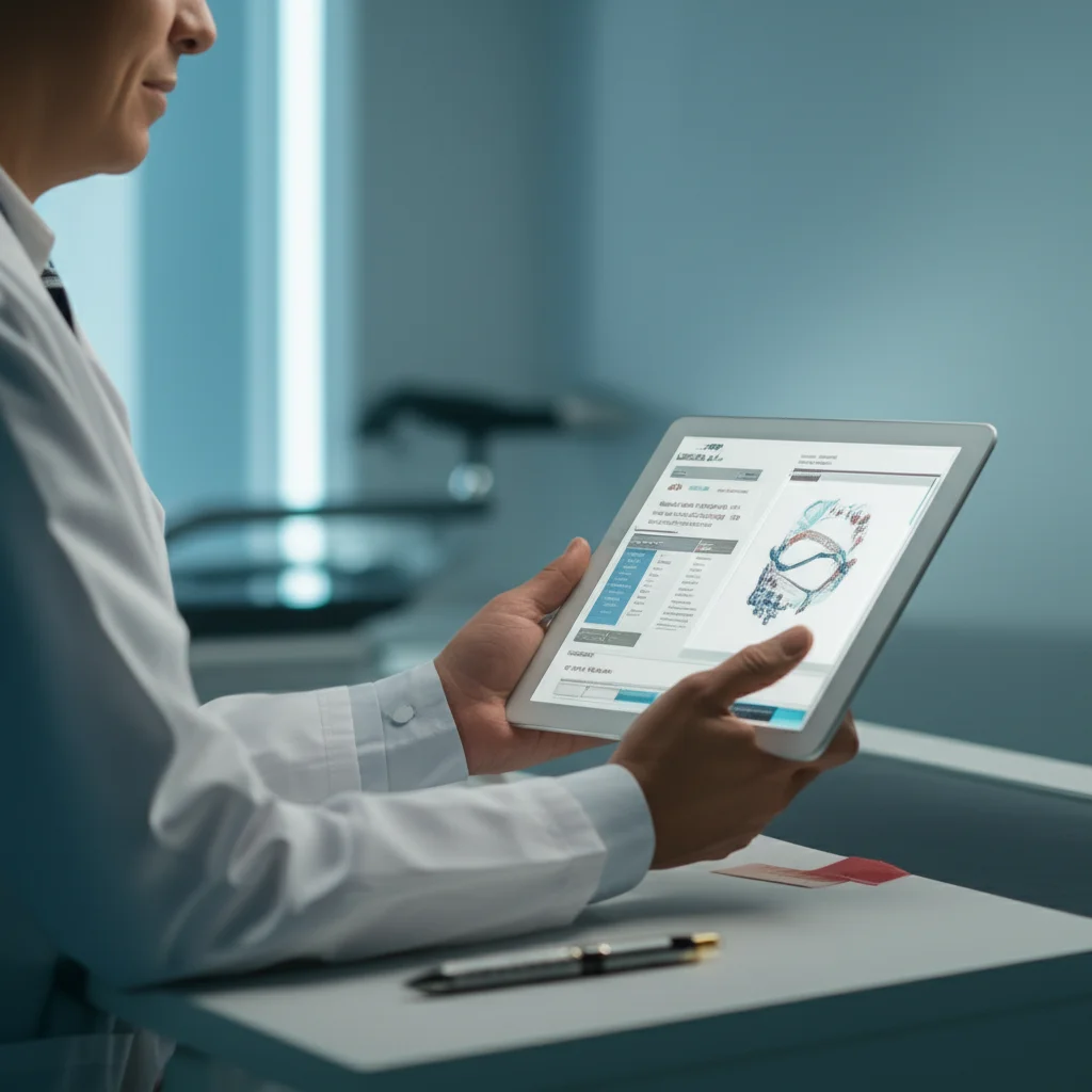 Un medico oncologo discute i risultati di un test WTS con un paziente (volti non riconoscibili o di spalle per privacy), indicando un report su un tablet in un ambiente clinico moderno e luminoso. Zoom lens, 50mm, depth of field, luce naturale.