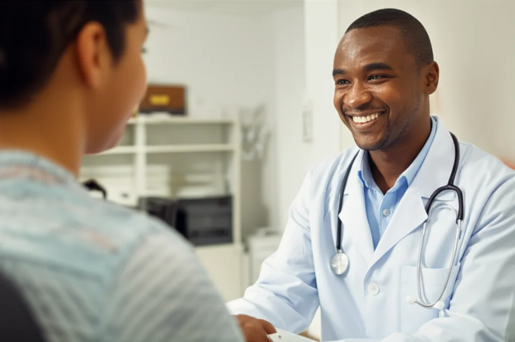 Un medico tanzaniano sorridente esamina un paziente in un ospedale pubblico ben illuminato, obiettivo prime da 35mm, profondità di campo, colori caldi e accoglienti.