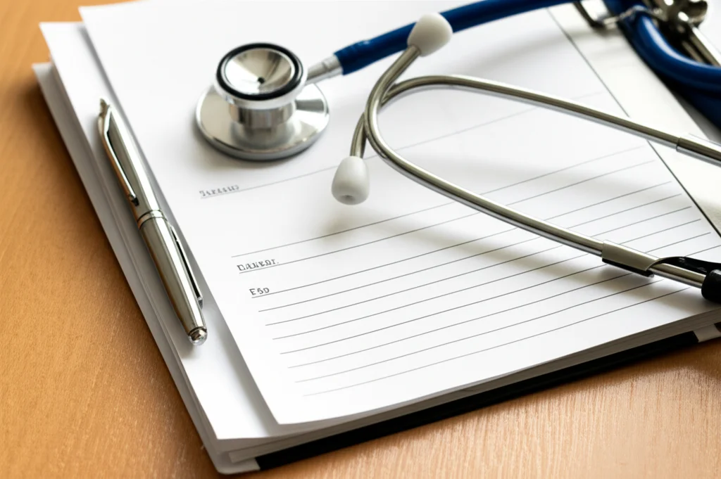 Fotografia macro di una cartella clinica aperta su una scrivania con una penna e uno stetoscopio, obiettivo macro da 90mm, alta definizione, illuminazione controllata da studio.