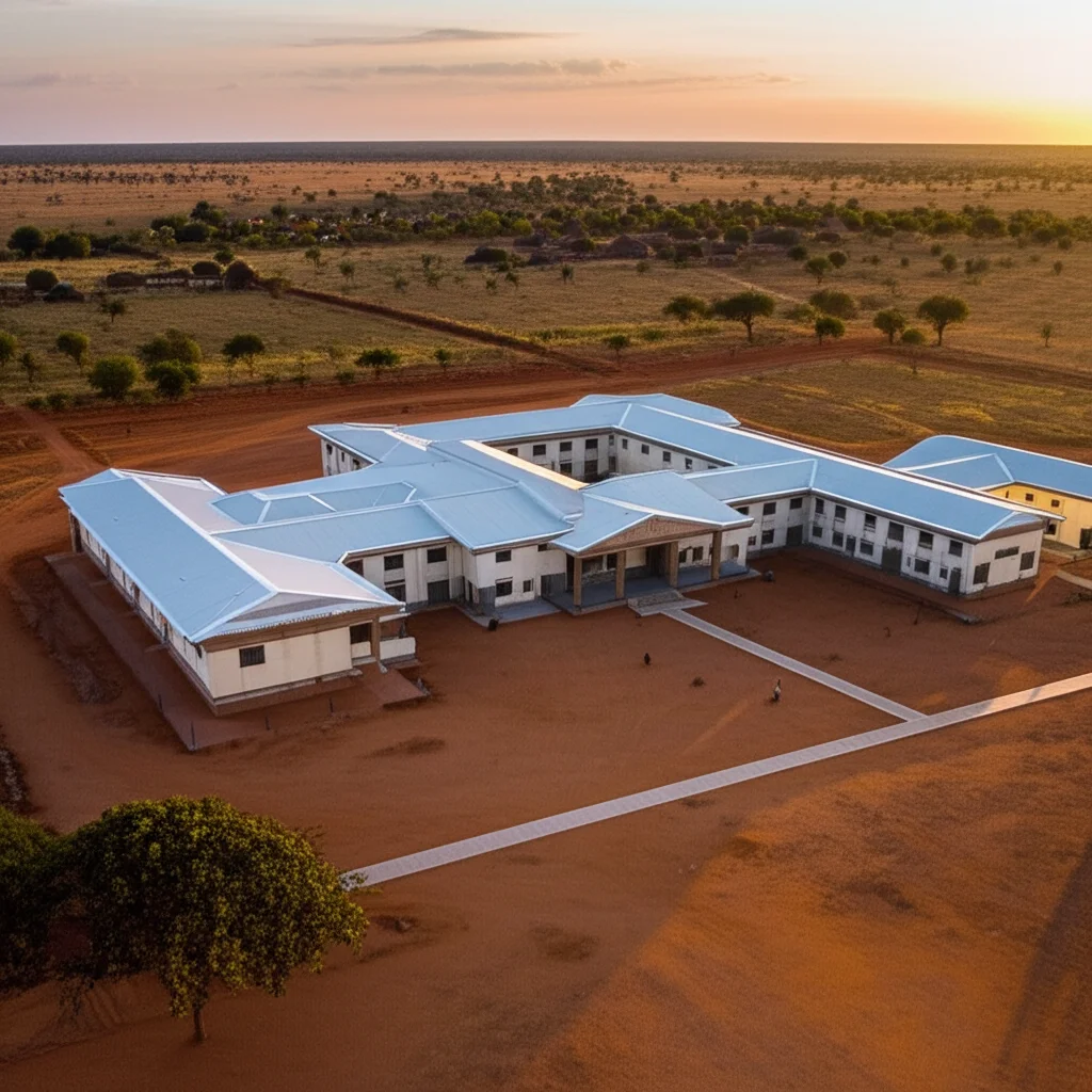 Veduta aerea di un paesaggio tanzaniano con un ospedale rurale moderno in primo piano e un villaggio sullo sfondo, obiettivo grandangolare da 16mm, luce del tardo pomeriggio, messa a fuoco nitida.