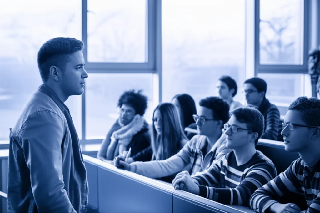 Un gruppo di studenti di medicina in un'aula moderna, uno di loro guarda fuori dalla finestra un paesaggio rurale con un'espressione pensierosa. Prime lens, 35mm, depth of field, luce naturale che filtra dalla finestra, duotone blu e grigio per un'atmosfera riflessiva.