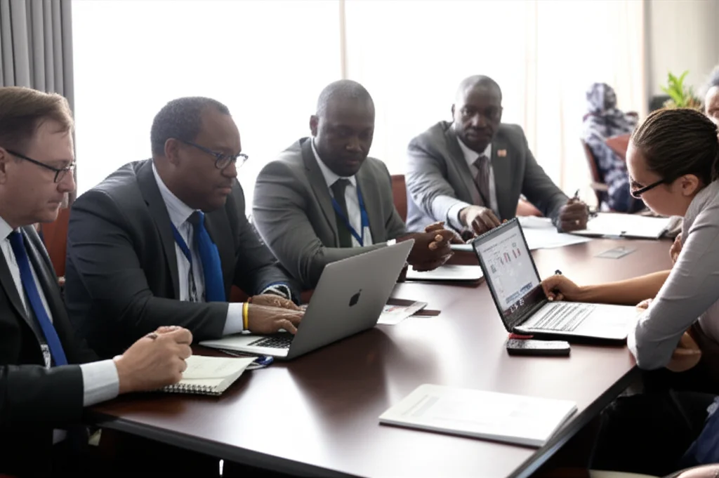 Un gruppo multietnico di operatori sanitari e funzionari governativi tanzaniani discute animatamente attorno a un tavolo con grafici e laptop, obiettivo zoom 24-70mm, luce naturale da finestra, espressioni concentrate e collaborative.