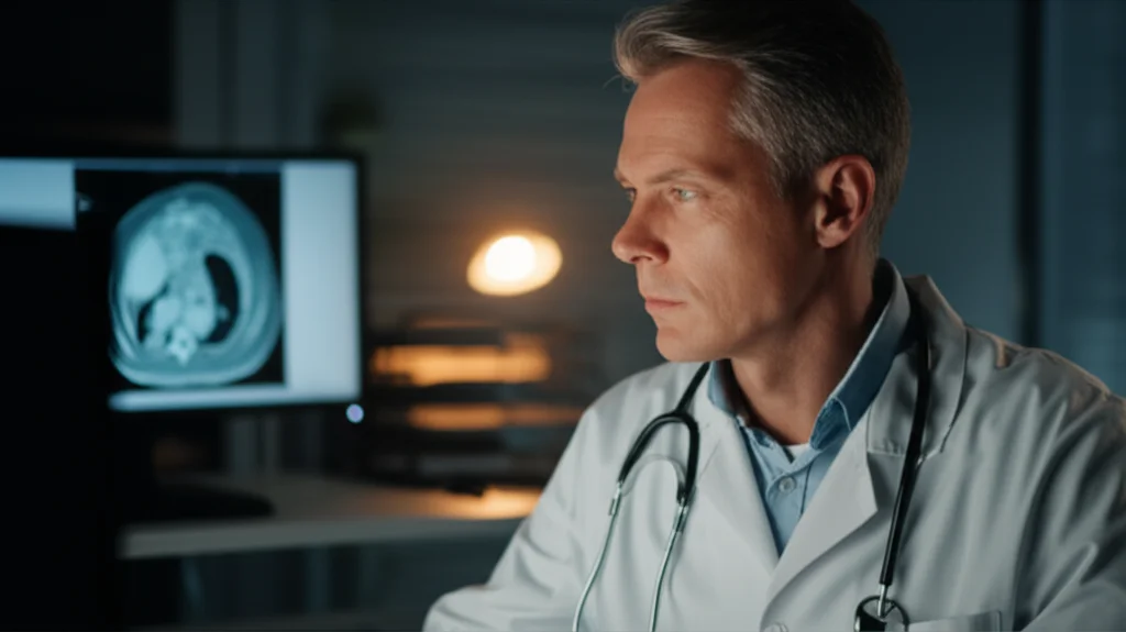 Un medico specialista in pneumologia, concentrato, esamina attentamente una TAC polmonare su un monitor ad alta definizione in una stanza scarsamente illuminata, utilizzando un obiettivo prime da 35mm per catturare il dettaglio e la profondità di campo, con un'illuminazione controllata che evidenzia i contorni del monitor e l'espressione del medico.