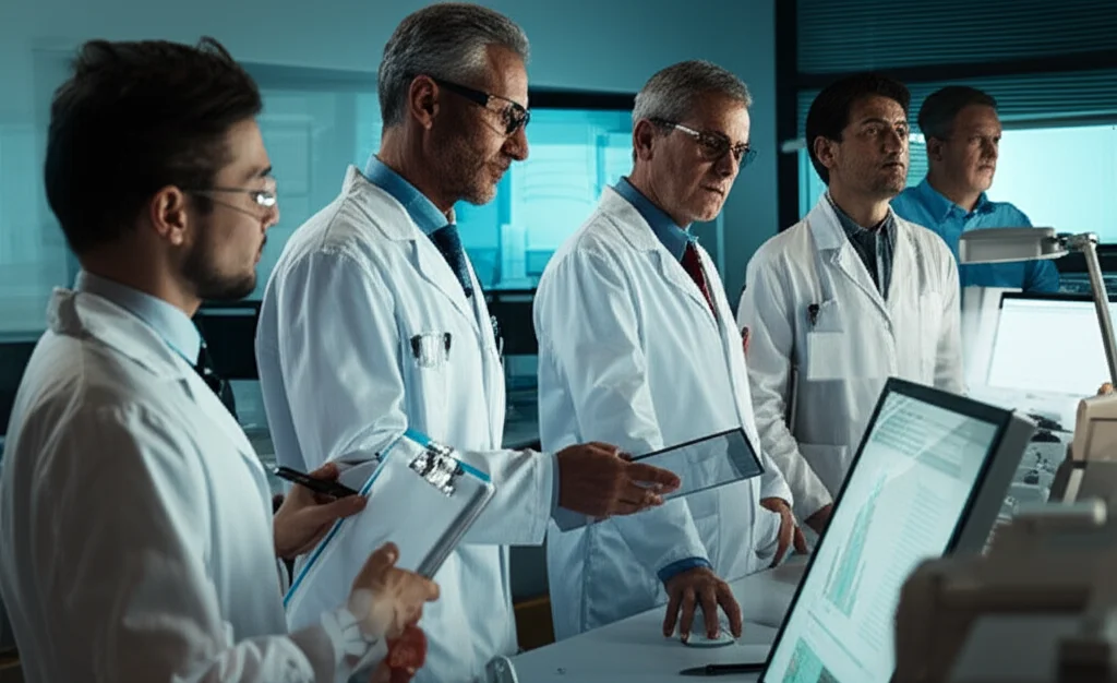 Un team di ricercatori e medici discute animatamente davanti a schermi che mostrano grafici di sopravvivenza e modelli predittivi complessi, in un moderno laboratorio di ricerca. L'immagine è catturata con un obiettivo zoom 24-35mm per includere il gruppo e l'ambiente, con un effetto 'film noir' per un'atmosfera intensa e intellettuale.