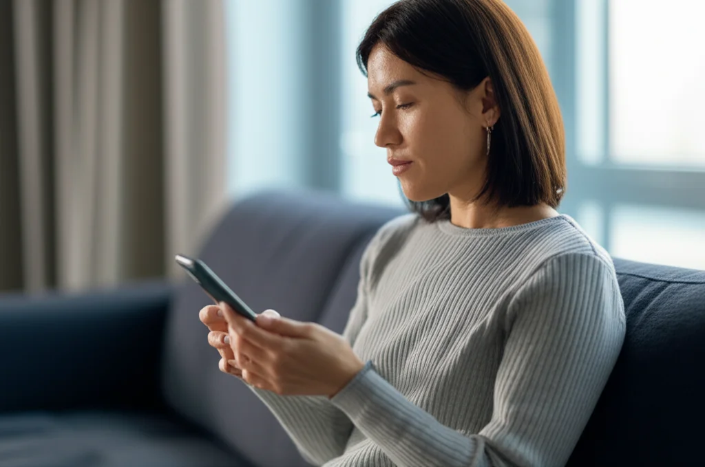 Una persona a Hong Kong, di circa 50 anni, seduta comodamente su un divano, utilizza uno smartphone per accedere a un'app di supporto per il Long COVID. L'espressione è concentrata ma serena. L'interfaccia dell'app mostra consigli sulla gestione dei sintomi e video informativi. Obiettivo prime, 35mm, profondità di campo per mettere a fuoco la persona e lo smartphone, con lo sfondo leggermente sfocato. Illuminazione naturale da una finestra vicina.