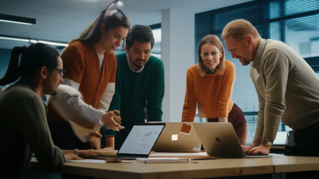 Un team multiculturale di ricercatori e sviluppatori sanitari a Hong Kong discute animatamente attorno a un tavolo con laptop e appunti, analizzando i dati di feedback degli utenti per una piattaforma di salute digitale. L'ambiente è un moderno ufficio universitario. Teleobiettivo zoom, 100mm, per catturare l'interazione del gruppo, fast shutter speed per congelare il momento.