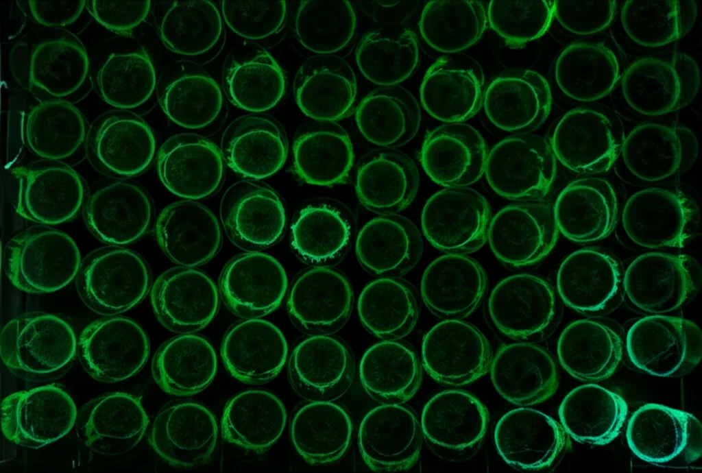 Un'immagine macro di cellule fluorescenti su una piastra da 96 pozzetti, con dettagli ad alta precisione delle strutture cellulari. Illuminazione controllata per evidenziare la fluorescenza. Macro lens, 100mm, high detail, precise focusing.