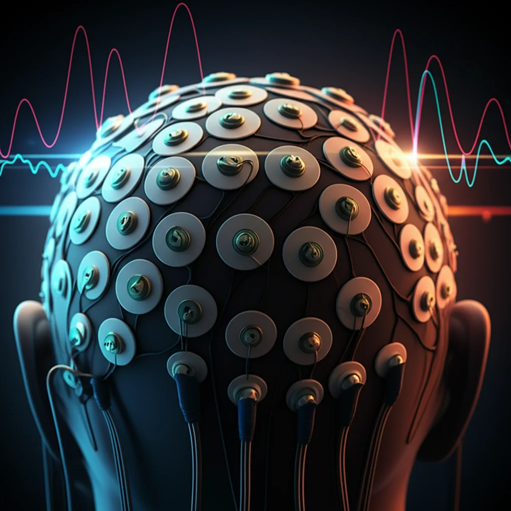 Un'immagine macro di elettrodi EEG posizionati su un cuoio capelluto, con linee luminose astratte che simboleggiano l'attività cerebrale e onde EEG. Lente macro 90mm, illuminazione controllata e precisa, alta definizione, sfondo leggermente sfocato per enfatizzare gli elettrodi.