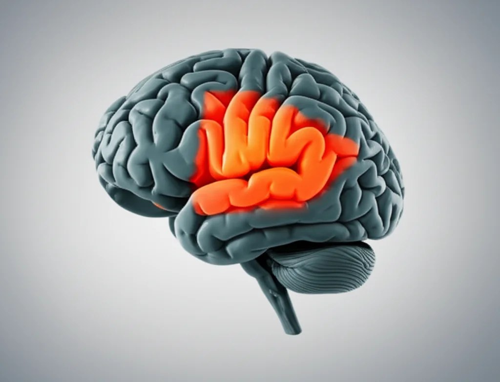 Una mappa corticale stilizzata del cervello umano in 3D, con la regione parietale (in particolare l'area P4) evidenziata da un bagliore caldo arancione, a simboleggiare l'area di maggiore impatto per la diagnosi dell'Alzheimer. Lente wide-angle 20mm, messa a fuoco nitida, illuminazione da studio che crea ombre morbide, sfondo neutro.