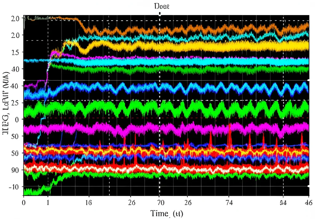 Grafico scientifico complesso che mostra tracce di segnali neurali (iEEG, LFP, MUA) sovrapposte, con evidenziazioni colorate di HFO e modulazioni di spike rate. Sfondo scuro, linee luminose per i segnali. Dettaglio elevato, illuminazione da studio per chiarezza analitica. Obiettivo 50mm prime per una visione d'insieme dettagliata.
