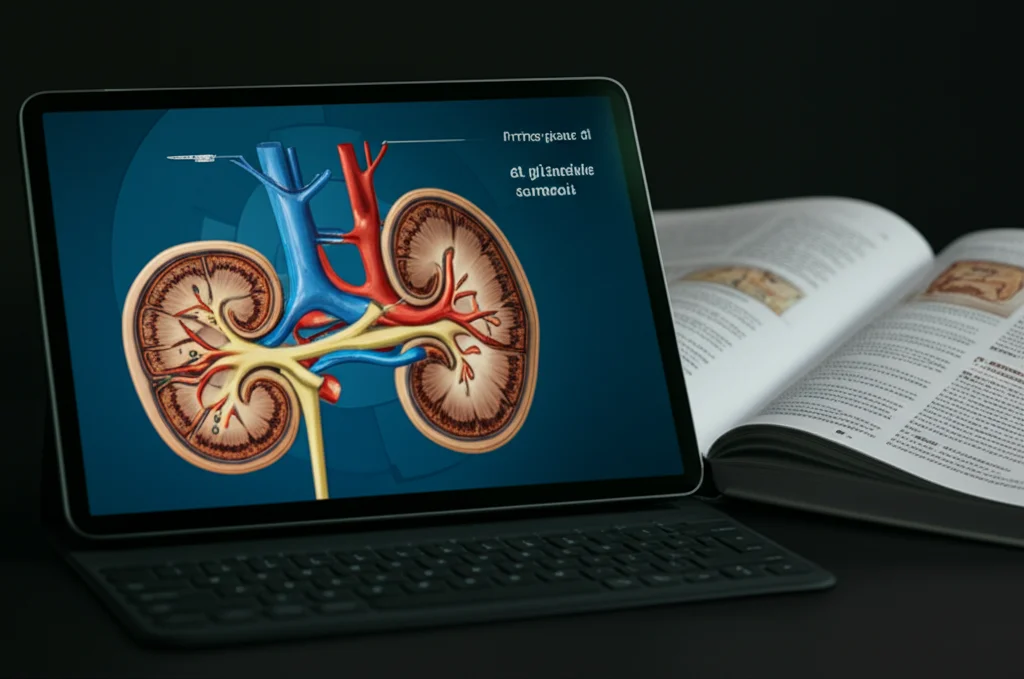 Primo piano di un tablet che mostra un'illustrazione anatomica delle ghiandole surrenali generata da AI, con evidenti imprecisioni e testo confuso. Accanto, un libro di testo di anatomia aperto sulla pagina corretta, chiara e dettagliata. Macro lens, 90mm, high detail, controlled lighting per enfatizzare il contrasto tra l'errore dell'AI e l'accuratezza del testo medico.