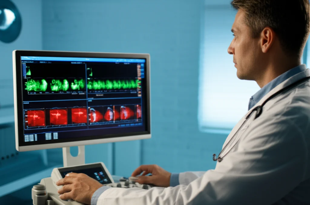 Un medico osserva attentamente un monitor che mostra un'ecocardiografia transtoracica, con grafici colorati del flusso sanguigno cardiaco. L'ambiente è uno studio medico moderno e luminoso. Obiettivo prime 50mm, profondità di campo ridotta per focalizzare sul monitor e sul volto concentrato del medico.