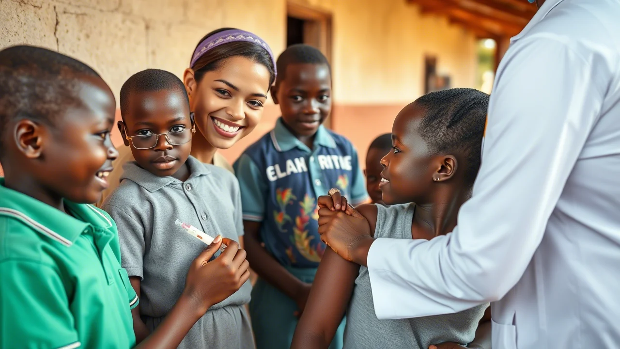Un'infermiera sorridente somministra un vaccino a un adolescente in una scuola rurale del Camerun, altri ragazzi in fila, luce naturale del giorno, telephoto zoom 100mm, scena di vita quotidiana, colori vivaci.