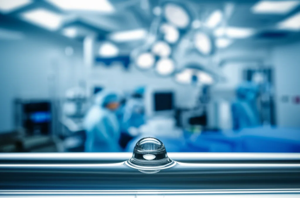 Un'immagine macro ad alta definizione di una goccia di propofol che cade lentamente in una soluzione salina, con sullo sfondo sfocato una sala operatoria moderna e illuminata. Lente macro 60mm, illuminazione controllata per enfatizzare la purezza del farmaco e il contesto medico.