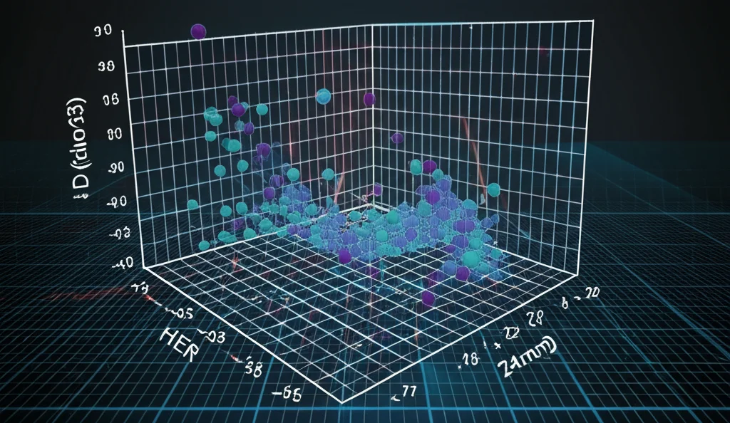 Grafico 3D interattivo che mostra il fronte di Pareto delle soluzioni ottimizzate per le proprietà HER, UTS e TE degli acciai AHSS. Punti dati colorati fluttuano nello spazio tridimensionale, con assi etichettati. Sfondo tecnologico con griglie luminose. Obiettivo grandangolare 24mm, messa a fuoco nitida su tutto il grafico, illuminazione diffusa.