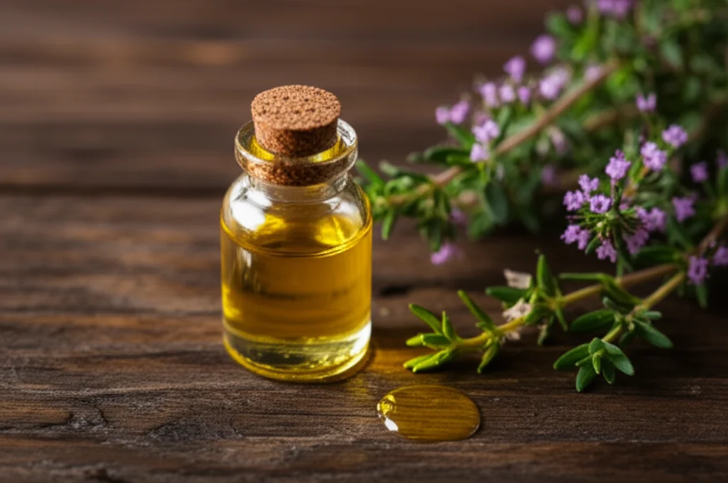 Fiaschetta di vetro contenente olio essenziale di timo dorato brillante, accanto a rametti freschi di Thymus capitatus su un tavolo di legno rustico. Illuminazione da studio controllata, lente macro 90mm, alta definizione, focus preciso sulle goccioline di olio.