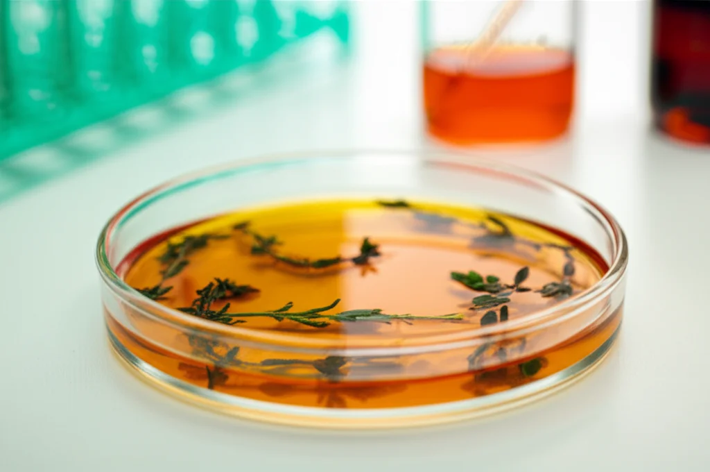 Piastre di Petri con colture batteriche, una delle quali mostra zone di inibizione chiare attorno a gocce di olio essenziale di timo. Sfondo di laboratorio sfocato. Lente macro 60mm, illuminazione laterale per evidenziare le texture, alta risoluzione.