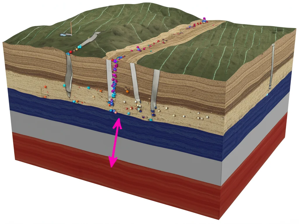 Visualizzazione 3D di una sezione della faglia di Anninghe, con punti colorati che indicano gli ipocentri dei terremoti a diverse profondità. Utilizzare un obiettivo grandangolare da 24mm per mostrare l'estensione della faglia e la distribuzione dei microsismi, con illuminazione controllata per evidenziare i dettagli geologici e la stratificazione della crosta terrestre.