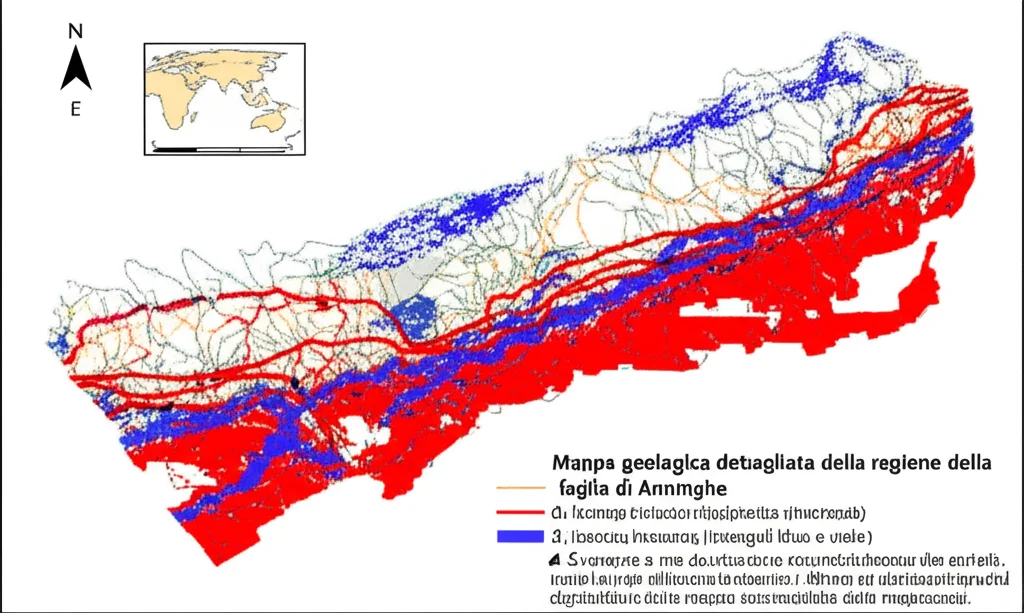 Mappa geologica dettagliata della regione della faglia di Anninghe, con le zone di blocco intersismico evidenziate in rosso e arancione. Sovrapposta, una rete di stazioni sismiche (triangoli blu e viola). Utilizzare un obiettivo macro da 90mm per un'alta definizione dei dettagli della mappa e delle annotazioni, con illuminazione uniforme per una chiara leggibilità dei simboli e delle etichette.