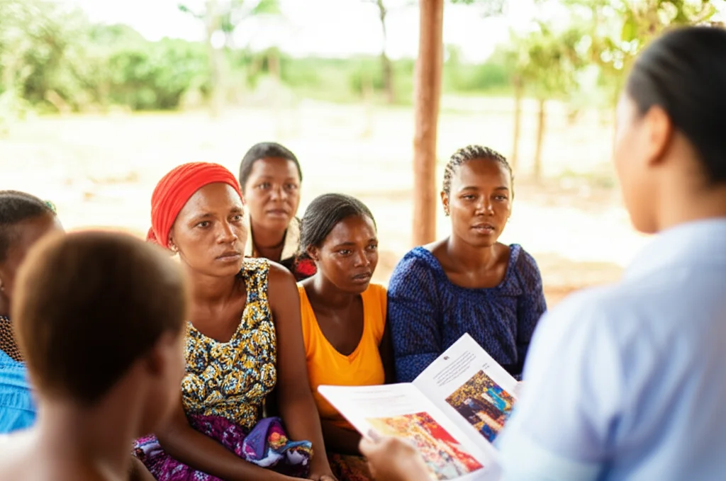Fotografia di un gruppo di donne in un ambiente rurale, attente durante una sessione educativa con una formatrice che mostra loro un opuscolo con grandi immagini colorate sulla pianificazione familiare. Obiettivo prime, 35mm, luce naturale soffusa, profondità di campo che sfoca leggermente lo sfondo per concentrarsi sulle espressioni delle donne.