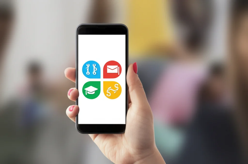 Primo piano di una mano femminile che tiene uno smartphone su cui è visualizzata un'app educativa sulla salute riproduttiva con icone e grafici colorati. Sfondo leggermente sfocato di un contesto comunitario. Obiettivo macro, 60mm, alta definizione, illuminazione controllata per far risaltare lo schermo.