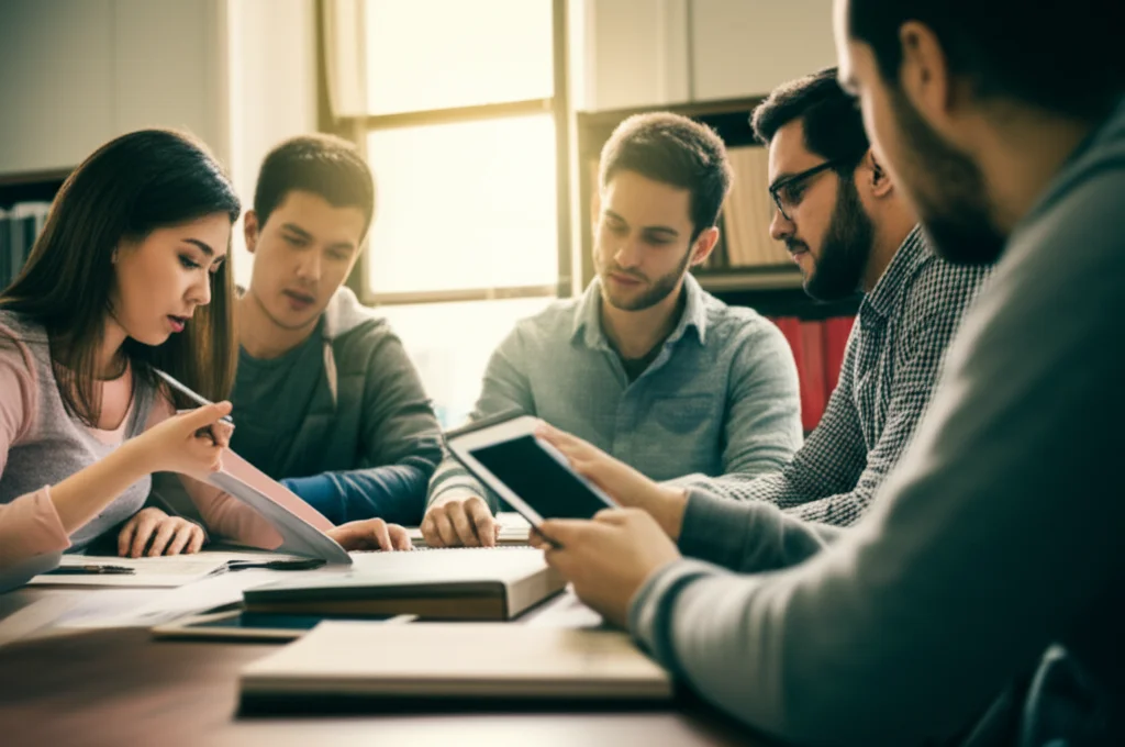 Un gruppo di studenti di infermieristica iraniani, maschi e femmine, che discutono animatamente attorno a un tavolo in una biblioteca universitaria. Alcuni hanno dei quaderni aperti, altri consultano tablet. L'atmosfera è collaborativa e concentrata. Prime lens, 35mm, luce naturale filtrata da una finestra, creando un ambiente caldo e accogliente, profondità di campo.