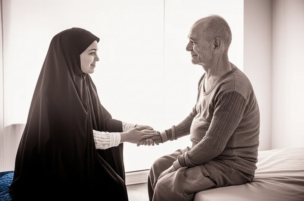 Un'infermiera iraniana con indosso il velo sorride con empatia a un paziente anziano seduto su un letto d'ospedale. L'infermiera tiene delicatamente la mano del paziente. L'ambiente è pulito e luminoso. Zoom lens, 50mm, per un ritratto intimo, luce soffusa, duotone seppia e grigio per un effetto emotivo.
