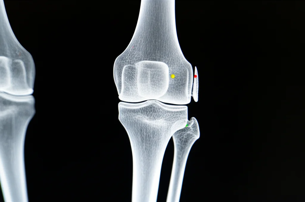 Immagine macro di un modello 3D di tibia su uno schermo di computer, con evidenziate le aree di stress biomeccanico, illuminazione controllata, alta definizione, obiettivo macro 90mm.