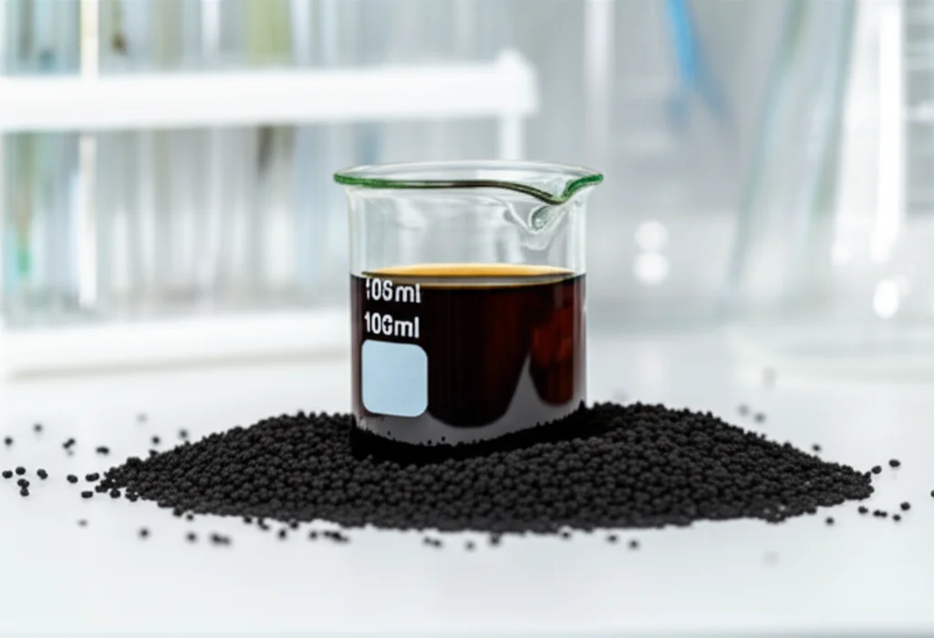 Macro fotografia di semi di Nigella Sativa sparsi accanto a un becher di vetro da laboratorio contenente una soluzione colloidale marrone scuro, che rappresenta il nanocomposito sintetizzato. Illuminazione da studio controllata, alta definizione, obiettivo macro da 105mm, con sfondo leggermente sfocato di attrezzature da laboratorio per suggerire il contesto scientifico.