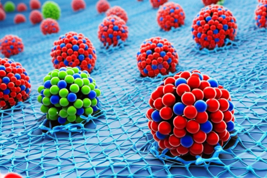 Visualizzazione artistica 3D di nanoparticelle sferiche (CuO/Mn3O4/ZnO) che interagiscono e distruggono la parete cellulare di batteri (come E. coli e S. aureus). Dettaglio elevato, illuminazione drammatica per evidenziare l'azione, obiettivo prime da 35mm con profondità di campo, stile fotorealistico.