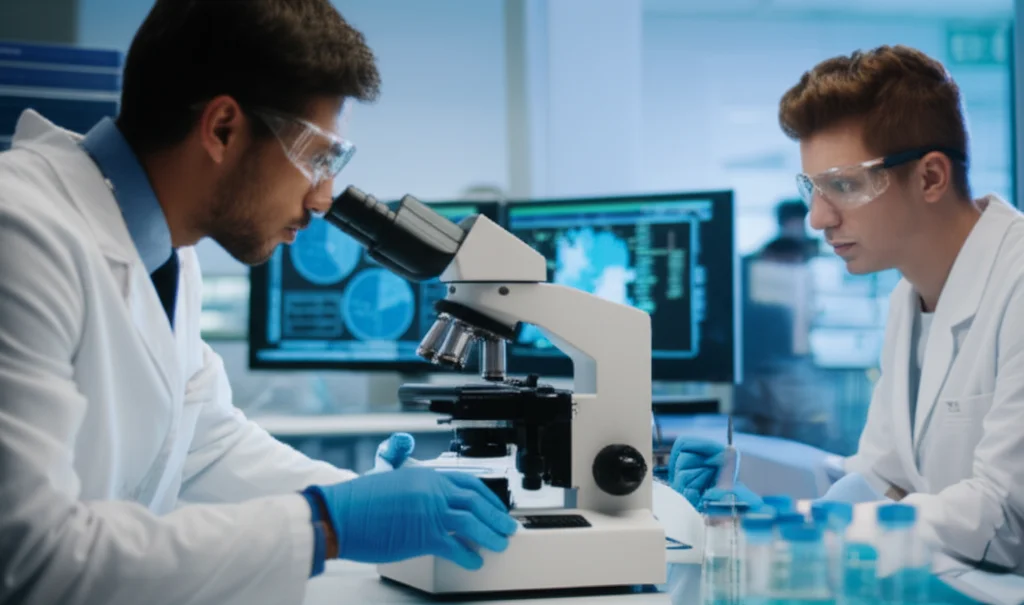 Ricercatori in un laboratorio moderno e luminoso osservano al microscopio campioni di cellule tumorali polmonari, con schermi che mostrano dati scientifici sullo sfondo. Macro lens, 60mm, high detail, precise focusing, controlled lighting.