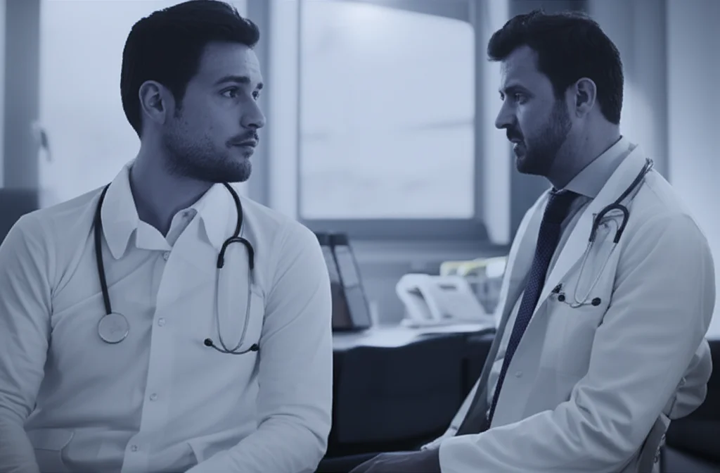 Un mediatore linguistico in un ospedale tedesco, seduto tra un medico e un paziente, che facilita la comunicazione con empatia. La scena è un primo piano, 35mm, con un leggero effetto film noir per sottolineare la complessità e la serietà del ruolo, duotone blu e grigio.