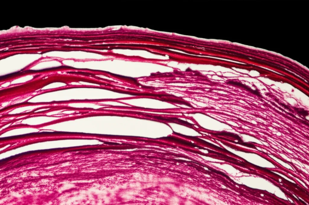 Fotografia macro di un'arteria umana sezionata, illuminazione controllata per evidenziare la struttura interna e possibili placche aterosclerotiche, obiettivo macro 100mm, alta definizione, su sfondo scuro per massimizzare il contrasto.