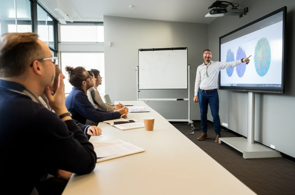 Un gruppo diversificato di persone partecipa a un workshop di formazione per mediatori linguistici in ambito sanitario. L'ambiente è una moderna aula luminosa, con un formatore che indica una lavagna interattiva. Telephoto zoom, 100-400mm, fast shutter speed per catturare l'interazione dinamica.