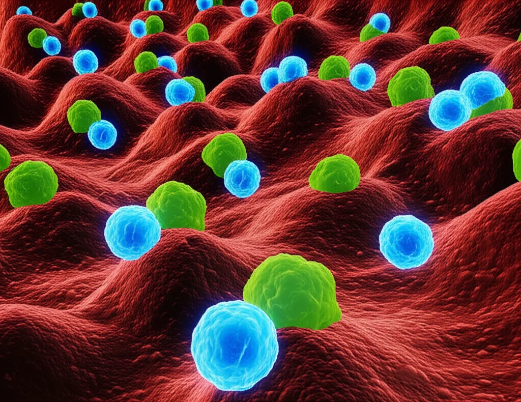 Visualizzazione 3D artistica e dettagliata di cellule T CD8+ (in blu brillante) e cellule NK (in verde acceso) che infiltrano e attaccano cellule tumorali (in rosso scuro) all'interno del microambiente tumorale. Macro lens, 100mm, high detail, illuminazione drammatica.