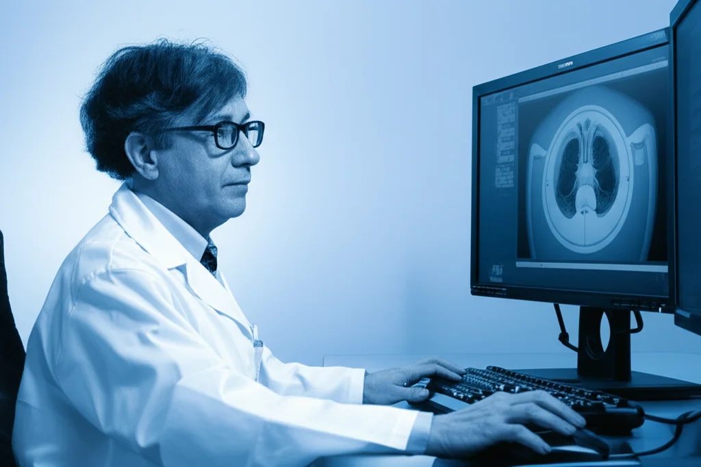 Radiologo che esamina immagini TC angiografiche degli arti inferiori su un monitor ad alta risoluzione in una sala di refertazione scarsamente illuminata, fotografia ritratto con obiettivo da 35mm, profondità di campo per mettere a fuoco lo schermo e l'espressione concentrata del medico, toni blu e grigi duotone.