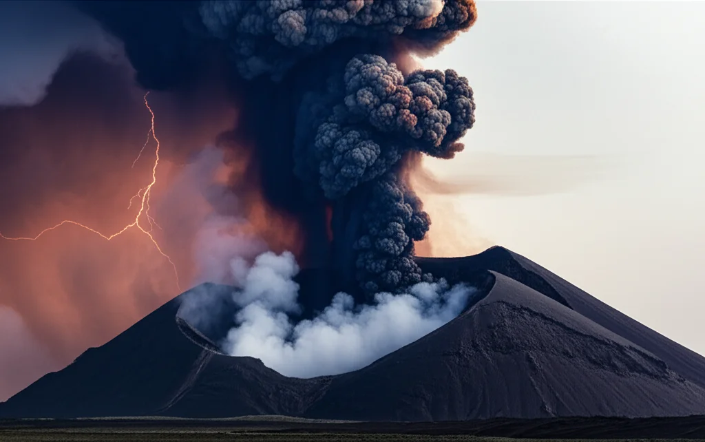 Illustrazione fotorealistica di una nube di cenere vulcanica scura che si alza da un cratere, con il sole oscurato e un paesaggio desolato sottostante. Telephoto zoom, 200mm, per comprimere la scena e dare un senso di scala imponente alla nube, con dettagli di fulmini vulcanici all'interno della colonna eruttiva.