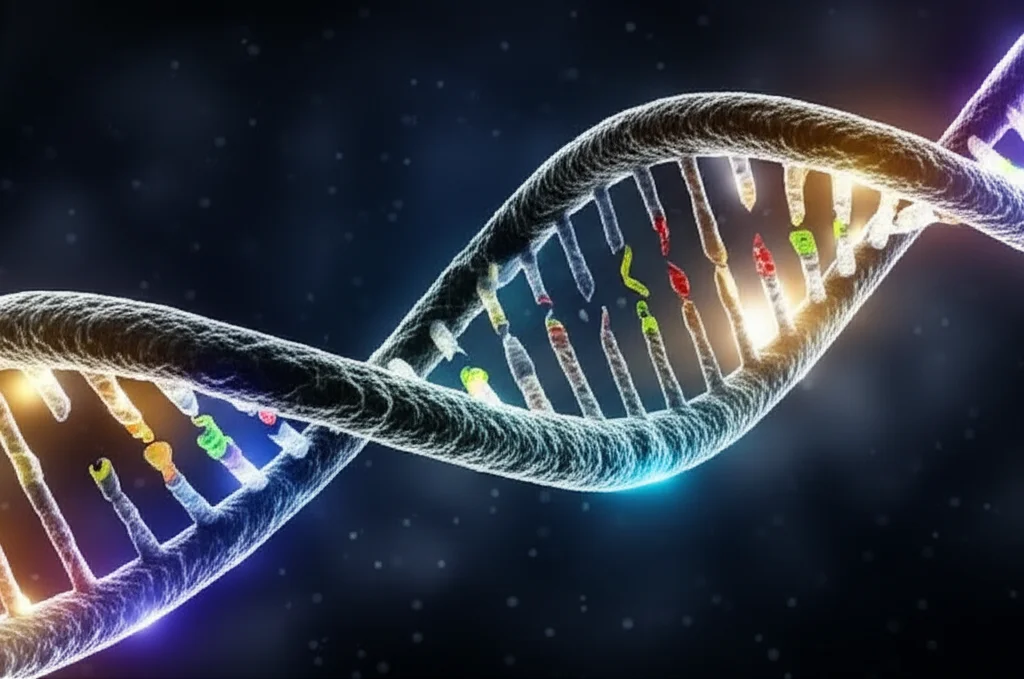 Visualizzazione 3D astratta di una doppia elica di DNA con segmenti colorati che si illuminano, a rappresentare mutazioni genetiche e marcatori epigenetici. Sfondo scuro con particelle fluttuanti. Macro lens, 100mm, high detail, precise focusing, illuminazione drammatica.