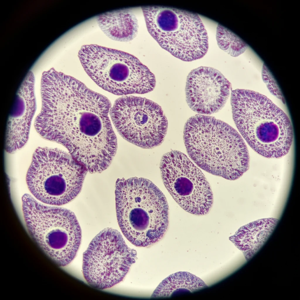 Primo piano di un vetrino da microscopio che mostra cellule renali, alcune normali e altre tumorali, con colori distinti per evidenziare le differenze. Macro lens, 60mm, high detail, illuminazione da laboratorio, con un leggero effetto di profondità di campo.