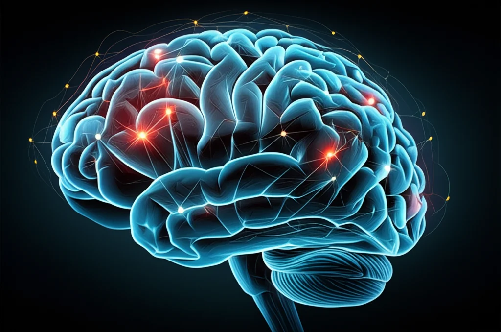 Primo piano di un cervello umano digitale con reti neurali luminose che si sovrappongono, simboleggiando l'intelligenza artificiale che analizza i dati neurologici. Obiettivo macro da 100mm, alta definizione, illuminazione controllata per evidenziare i dettagli intricati, sfondo scuro per far risaltare il soggetto.