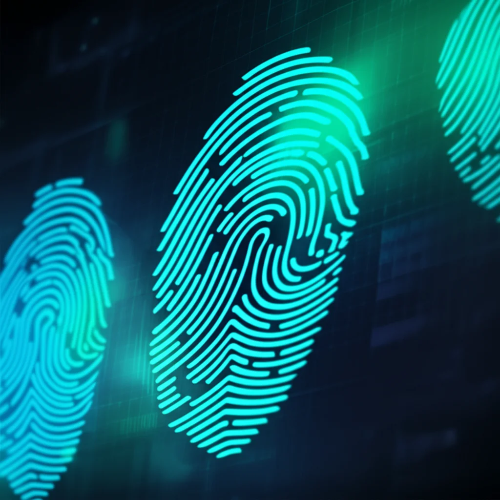 Un'immagine concettuale che illustra il processo di 'fingerprinting' energetico. Onde di dati di consumo energetico che si trasformano in impronte digitali uniche e stilizzate, con un background tecnologico astratto. Macro lens, 60mm, high detail, precise focusing, controlled lighting, duotone blu e verde acqua per un'atmosfera futuristica.