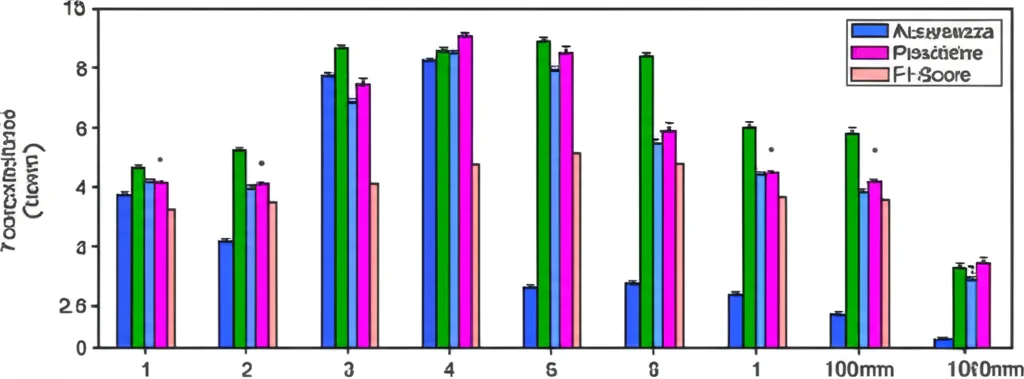 Un grafico complesso che mostra i risultati delle prestazioni del classificatore LSHC rispetto ad altri metodi, con barre colorate che indicano accuratezza, precisione e F1-score su diversi dataset e livelli di rumore. Telephoto zoom, 100mm, high detail, precise focusing, stile report scientifico.